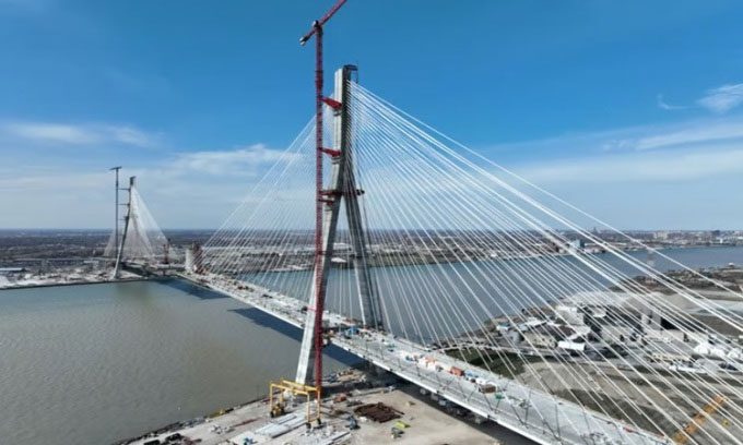 The Gordie Howe Bridge nearing structural completion.