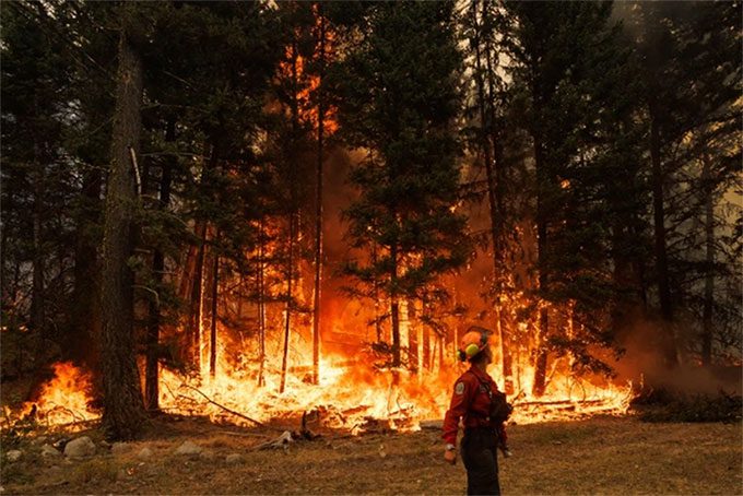 A wildfire at Ross Moore Lake, British Columbia, Canada in July 2023