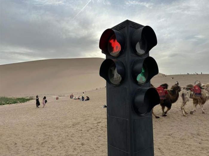 The Kumtag Desert no longer experiences 'camel congestion' thanks to the smart traffic light system.