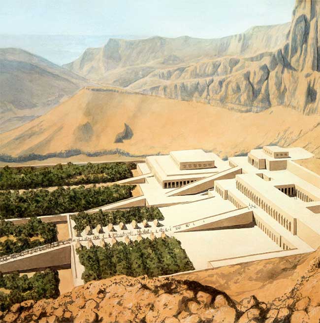 Illustration of the Hatshepsut Temple at its glorious peak.