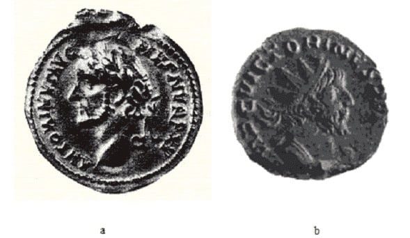 Roman coin from the reign of Emperor Antoninus Pius (left) found in Oc Eo.