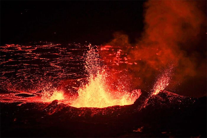 Molten lava escaping from volcanic eruption disaster