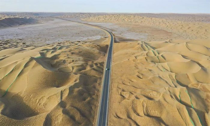 Aerial view of a new highway through the Taklimakan Desert on June 23, 2022.