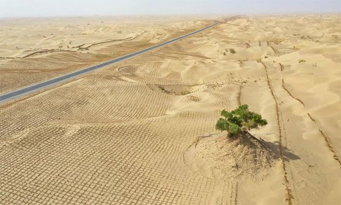 Aerial view of a new highway through the Taklimakan Desert on June 26, 2022.