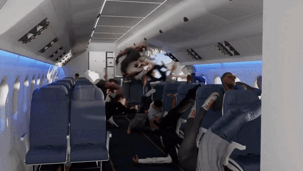 Simulation video of passengers not fastening their seatbelts during turbulence