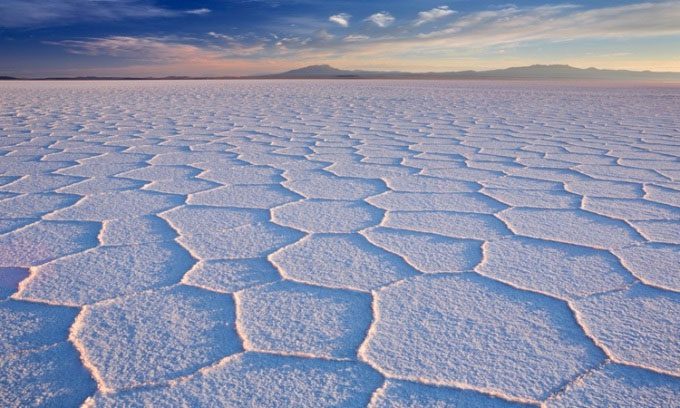 Hexagonal patterns on the surface of Salar de Uyuni salt flat.