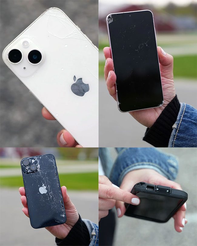 The iPhone dropped from heights of 10 meters (top) and 100 meters (bottom).