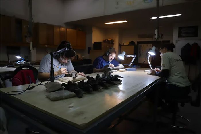 Technicians studying the fossils of the vertebrae and femur of Koleken.