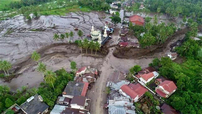 Aerial view of a district affected by flash floods in West Sumatra, Indonesia.