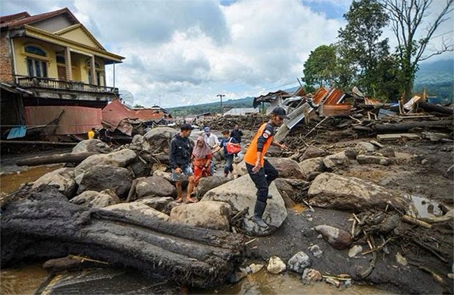 Destruction in the area affected by flash floods in Agam district, West Sumatra