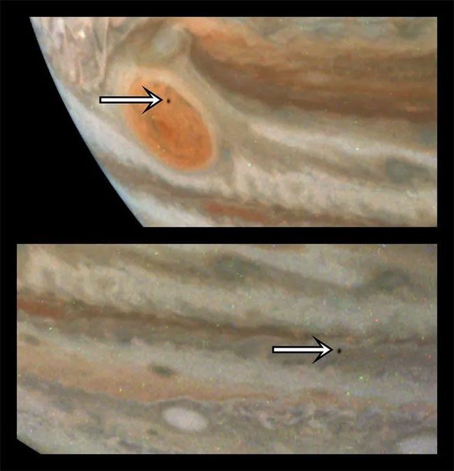 Amalthea seen in two images of Jupiter