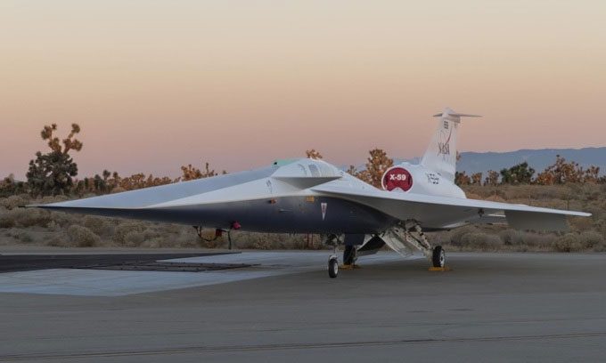 X-59 aircraft parked at Lockheed Martin's Skunk Works facility in Palmdale, California.