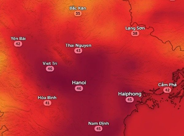 Perceived temperature in several northern provinces this afternoon, June 18.