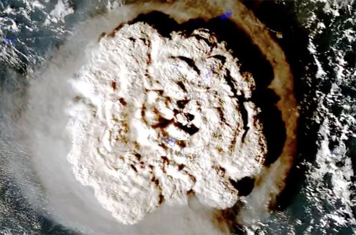 Aerial view of the Hunga Tonga volcanic eruption in 2022