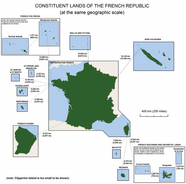 Details of the territories belonging to France.