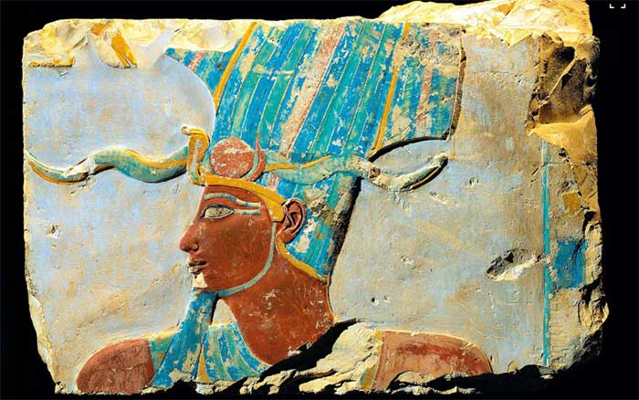 Image of Thutmose III depicted in a colored relief at Deir el Bahri