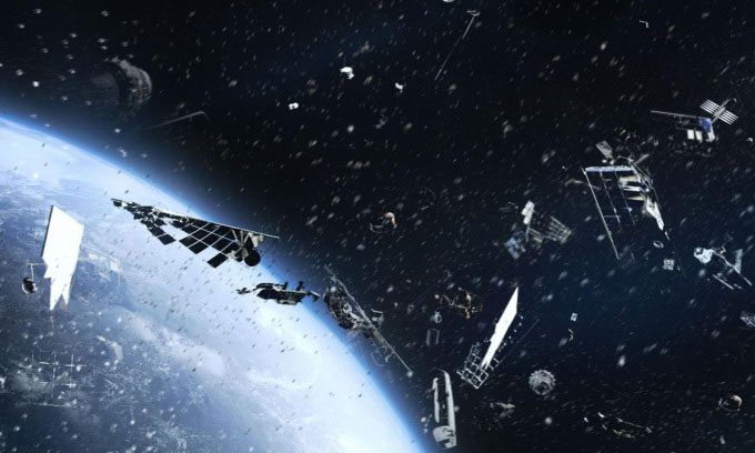 Simulation of space debris orbiting Earth.