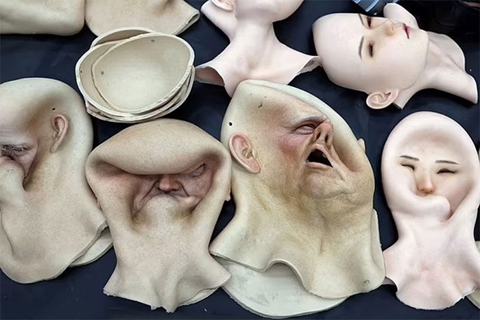 A pile of 'weird heads', silicon masks to create the most complex robot products in the world