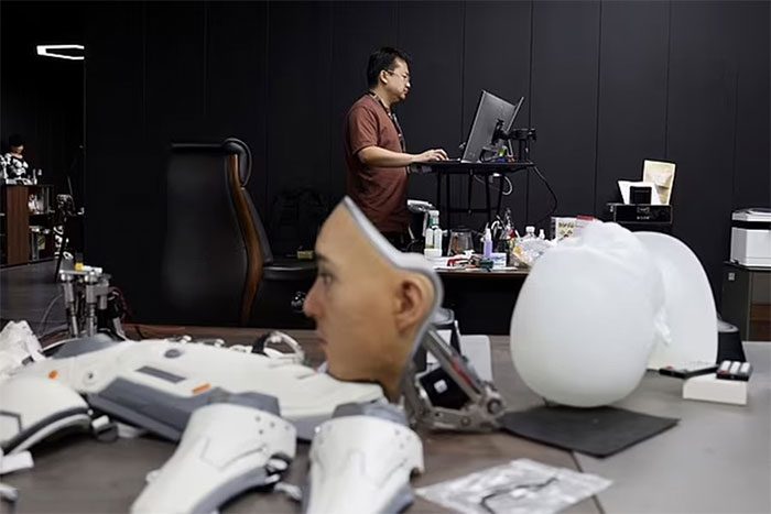 An employee working near the display of humanoid robot parts