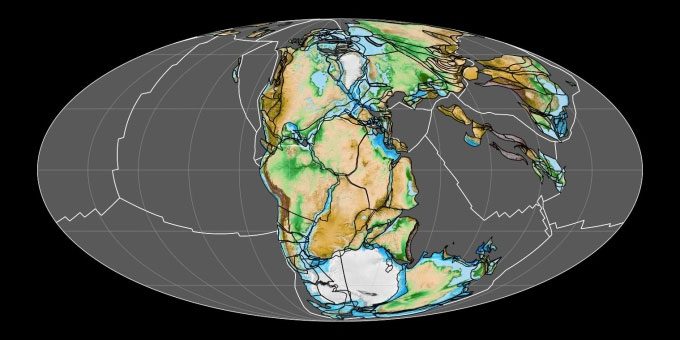 Supercontinent Pangea about 200 million years ago.