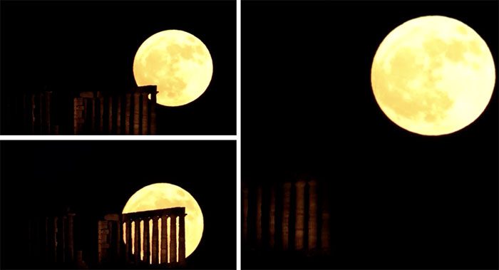  Some images of the "Strawberry Supermoon" appearing at the ancient Temple of Poseidon, Greece on the evening of June 21, 2024. 