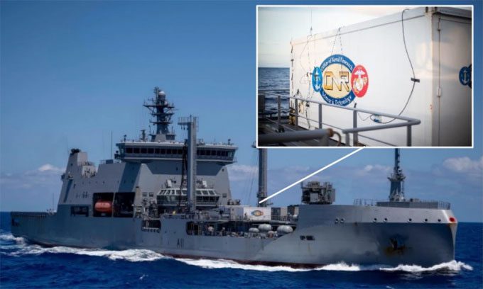 Container housing the new atomic clock on the deck of HMNZS Aotearoa