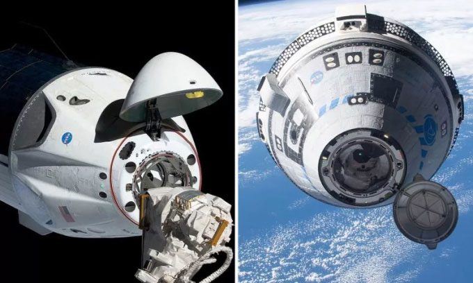 SpaceX's Crew Dragon docking at the ISS (left) and Boeing's Starliner in orbit