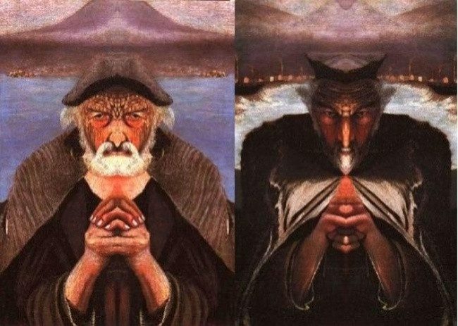 The two faces of the old fisherman change if a mirror is placed on the right.