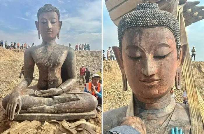 The statue stands at least 2m tall, excavated from a sandy area near the Mekong River.