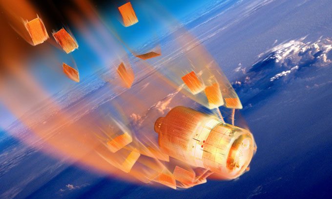 Illustration of a satellite falling into the atmosphere and burning up.