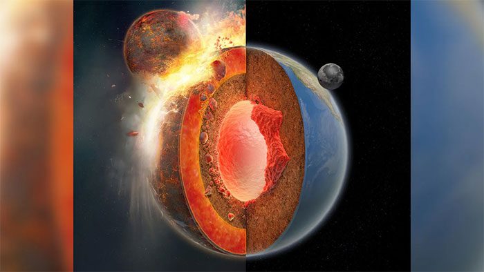 Graphic showing the collision between Earth and Theia in the past