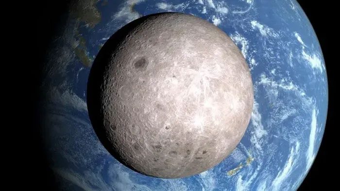 The far side of the Moon has many craters and fewer dark spots compared to the side facing Earth.