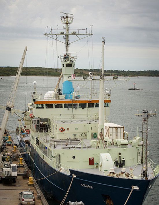 The Woods Hole Oceanographic Institution's vessel docking to take researchers to the middle of the Atlantic Ocean on September 6.