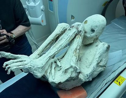 Mummified remains excavated in Peru, claimed by Mexican journalist Maussan to be extraterrestrial.