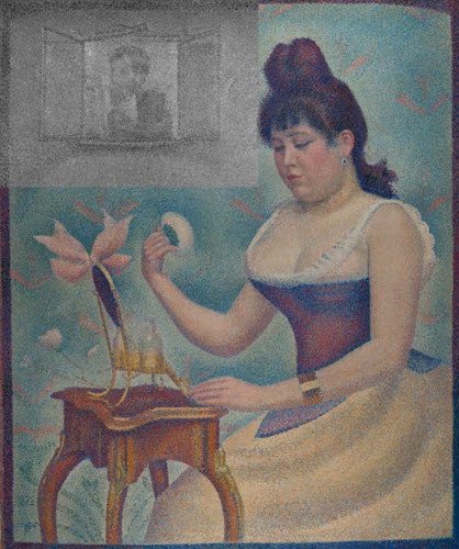 In the painting, a woman is sitting and applying makeup.