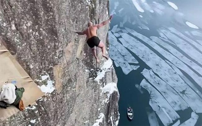 Ken Stornes dove into the freezing waters of Nordfjord from a high cliff.