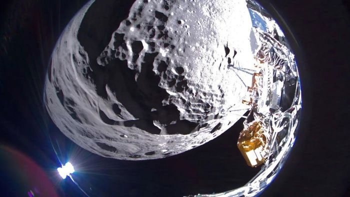 The Odysseus lander captured a wide-field image of the Schomberger crater