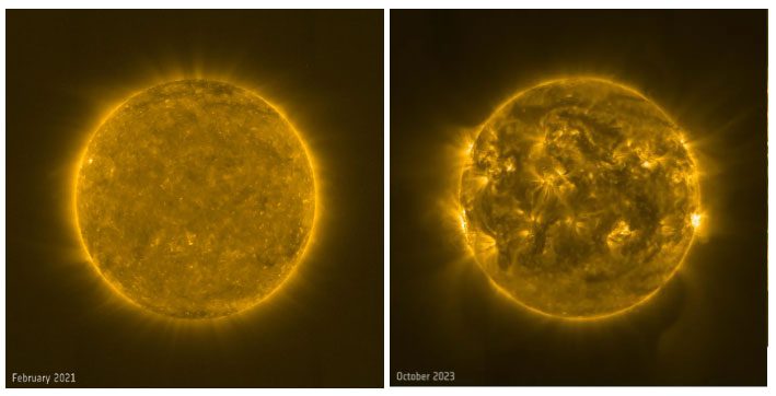 Images of the Sun in February 2021 and October 2023