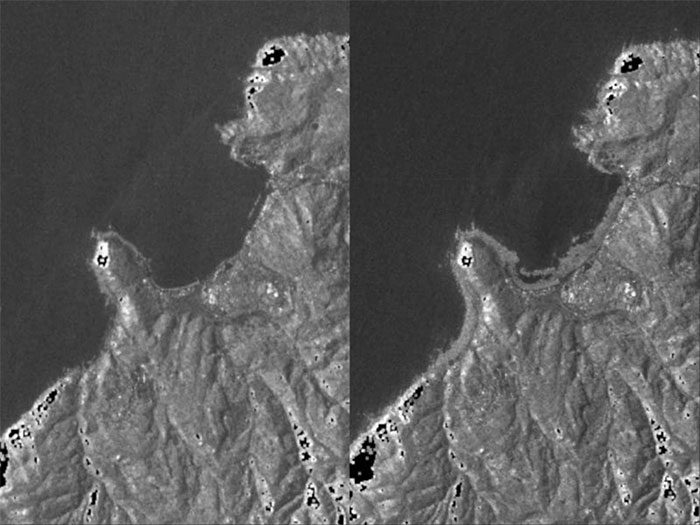 Western part of Noto Peninsula in June 2023 (left) and January 2024 (right)