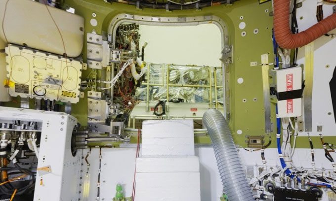 Interior cabin being installed of the Orion spacecraft at Kennedy Space Center.