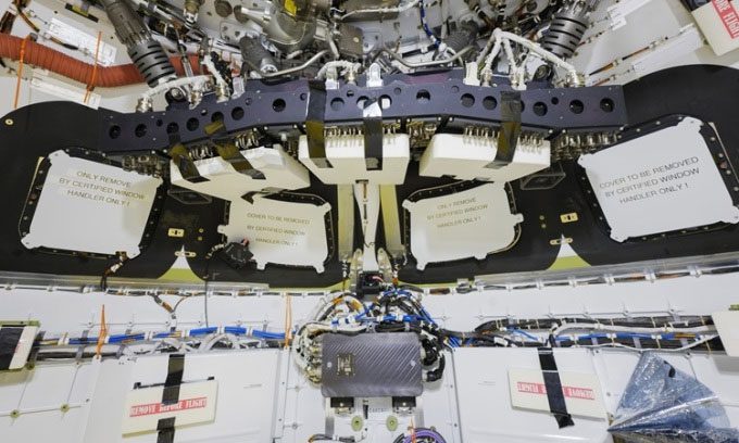 Windows surrounding the cockpit of the Orion spacecraft.