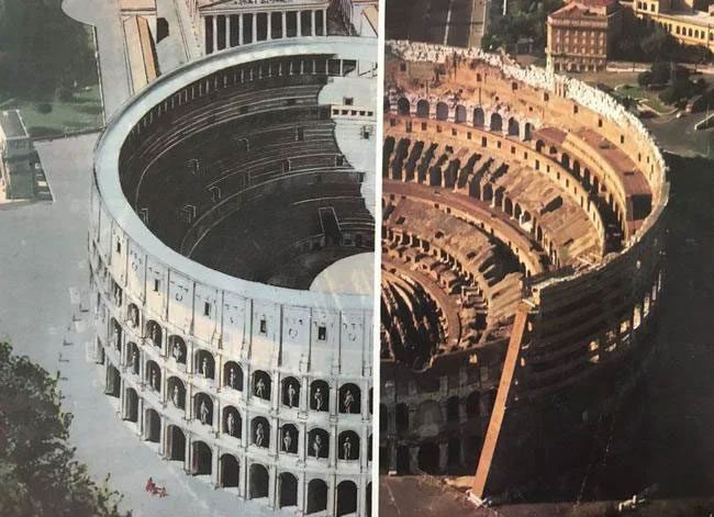 A simulation of the Roman Colosseum then and now.