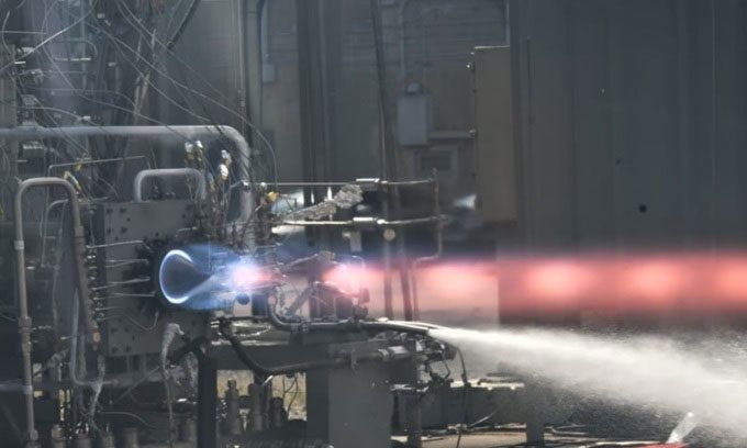 A NASA rotating detonation engine in operation during testing.