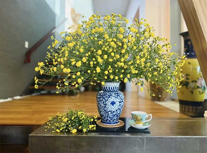 After successfully purchasing chrysanthemums, Ms. Thúy Toàn proudly shows off her arrangement.