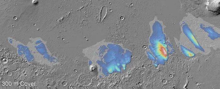 Objects believed to be massive ice blocks buried on Mars.