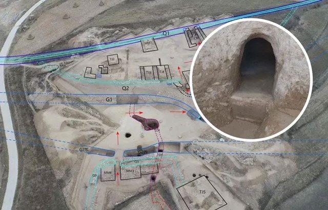 Entrance to the tunnel network revealed in the excavation area of the stone city site