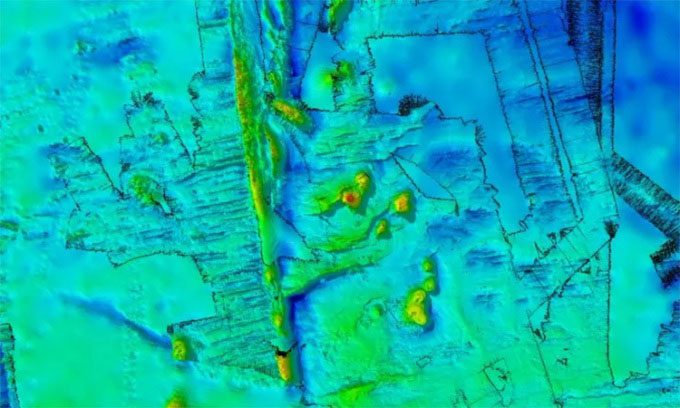 The newly mapped area with underwater mountains.