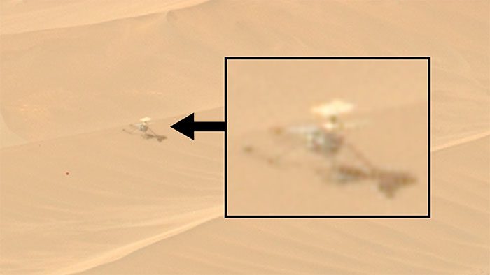 The small Ingenuity rests among the sand dunes of the "habitable" Jezero Crater