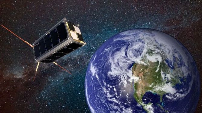 Illustration of Eirsat-1 satellite in orbit around Earth.