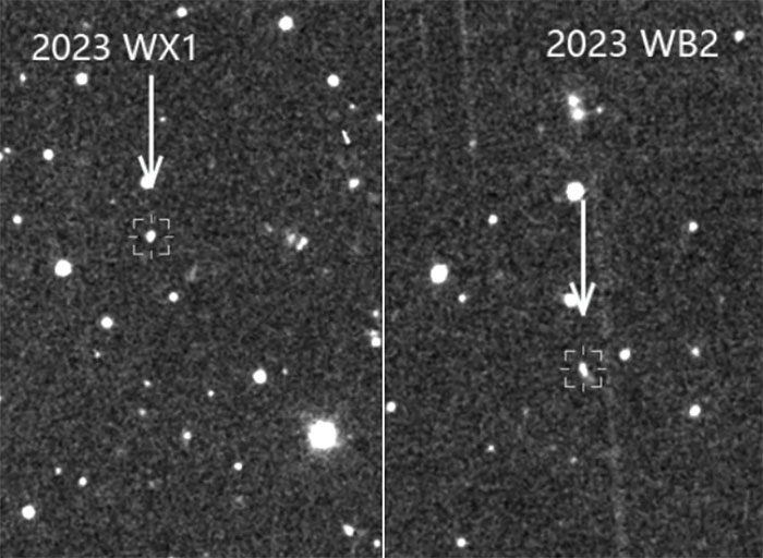 Images of the two asteroids 2023 WX1 and 2023 WB2 captured by the WFST.